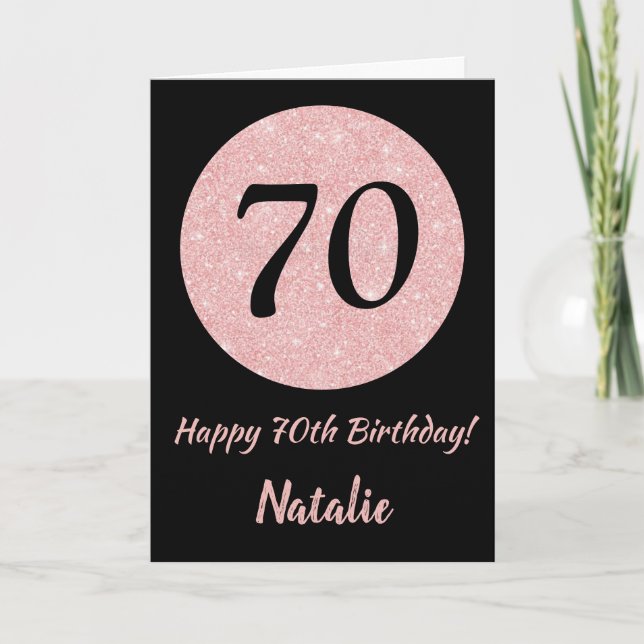 Tarjeta Feliz 70 cumpleaños oro negro y rosado Rosa (Anverso)