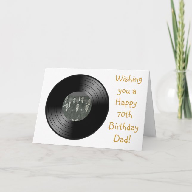 Tarjeta Feliz 70 cumpleaños para papá con un disco de vini (Anverso)