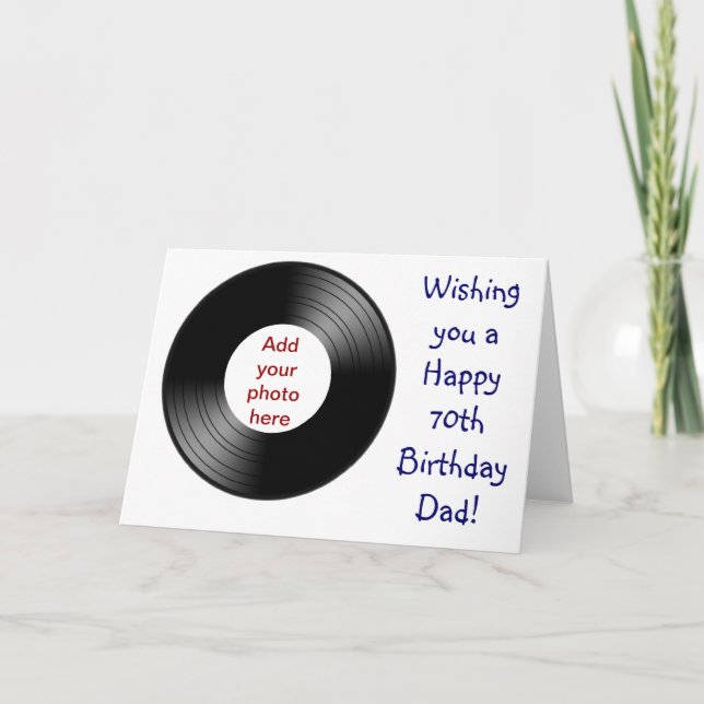 Tarjeta Feliz 70 cumpleaños para papá con un disco de vini (Anverso)