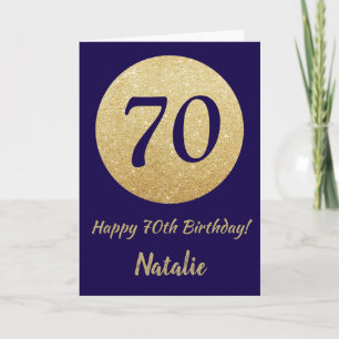 Tarjeta Feliz 70 cumpleaños, Purpurina azul y oro de la ma