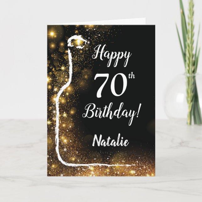 Tarjeta Feliz 70 cumpleaños Purpurina de oro y negro (Anverso)