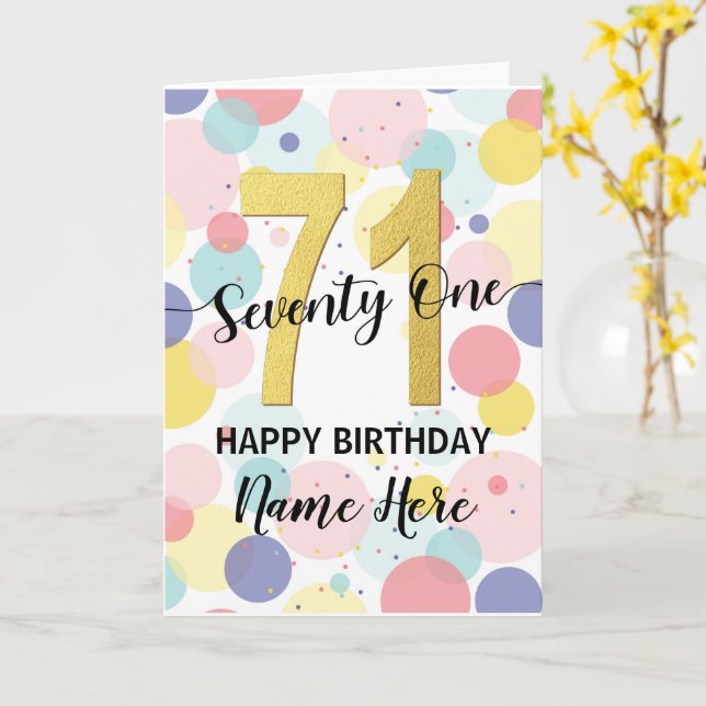 Tarjeta Feliz 71 cumpleaños Pastel Arcoiris y Chica de oro (flor amarilla)