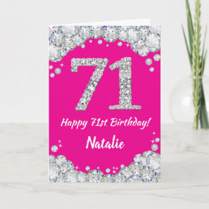 Tarjeta Feliz 71 cumpleaños, Purpurina de Plata y Rosa Cal