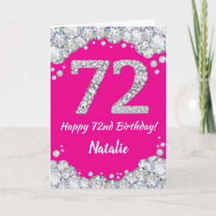 Tarjeta Feliz 72° cumpleaños, Purpurina plateado y rosado