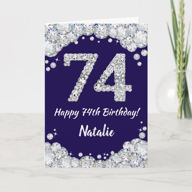 Tarjeta Feliz 74 cumpleaños Purpurina azul y plateado de l (Anverso)