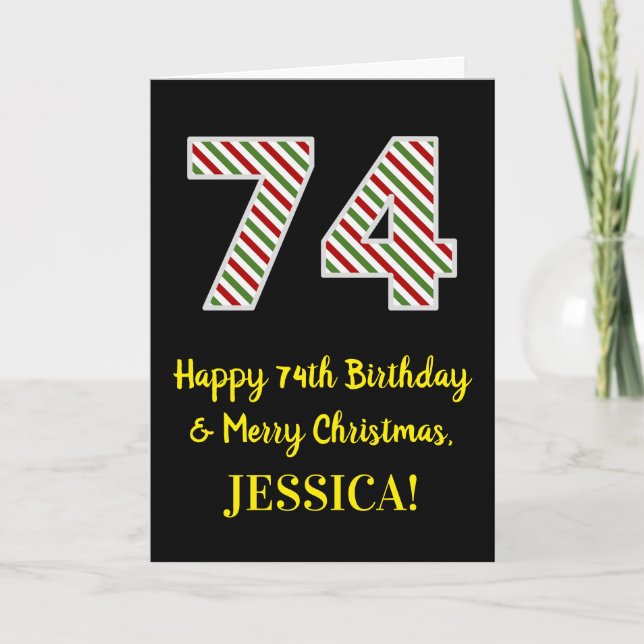 Tarjeta Feliz 74 cumpleaños y Feliz Navidad, nombre person (Anverso)