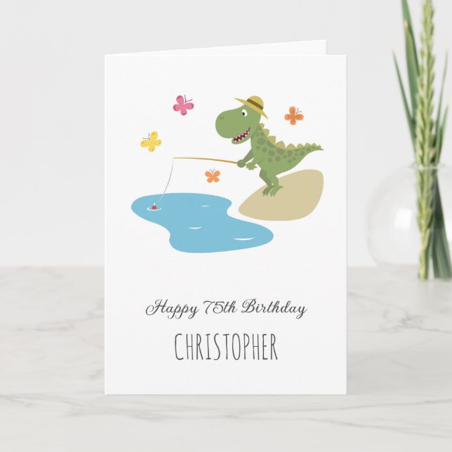 Tarjeta Feliz 75 aniversario de pesca de dinosaurios con P (Anverso)