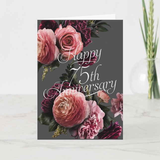 Tarjeta Feliz 75° Aniversario Elegante de Flores (Anverso)