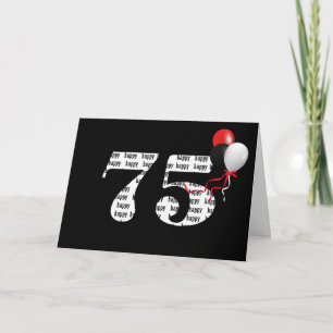Tarjeta Feliz 75 cumpleaños en negro con globos