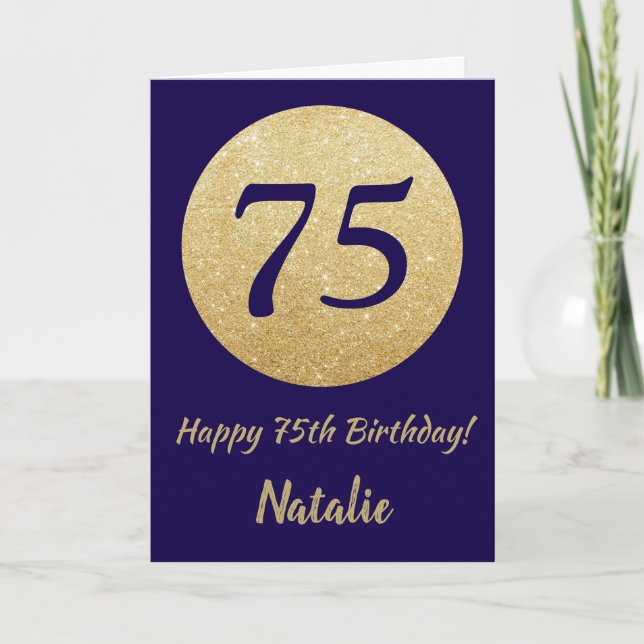 Tarjeta Feliz 75 cumpleaños Purpurina azul y oro de la Mar (Anverso)