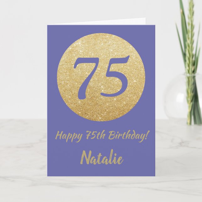 Tarjeta Feliz 75 cumpleaños y Purpurina de oro (Anverso)