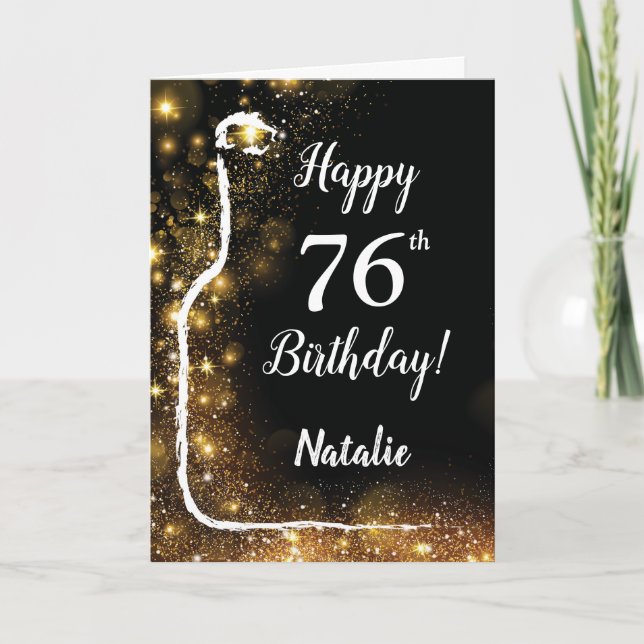 Tarjeta Feliz 76º cumpleaños Purpurina de vino negro y oro (Anverso)