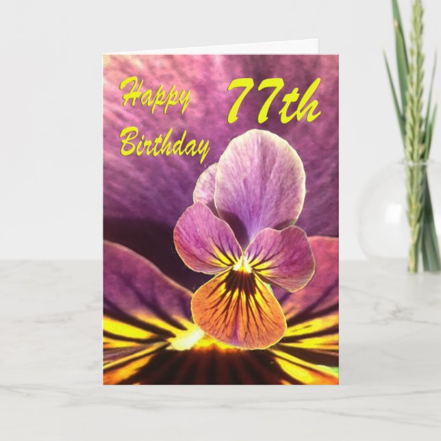 Tarjeta Feliz 77º cumpleaños Flor Pansy (Anverso)
