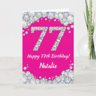 Tarjeta Feliz 77º cumpleaños Purpurina de Plata y Rosa Cal