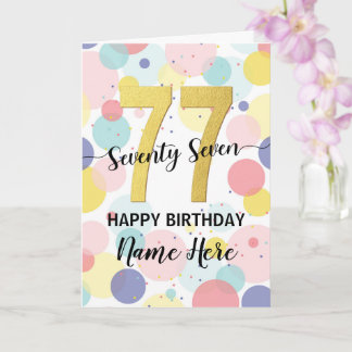 Tarjeta Feliz 77 cumpleaños Pastel Rainbow Gold Woman