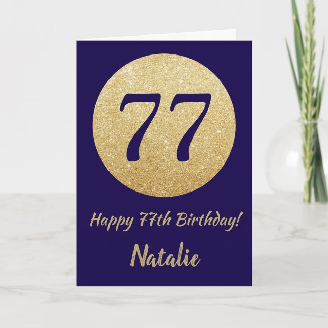 Tarjeta Feliz 77 cumpleaños Purpurina azul y oro de la Mar (Anverso)