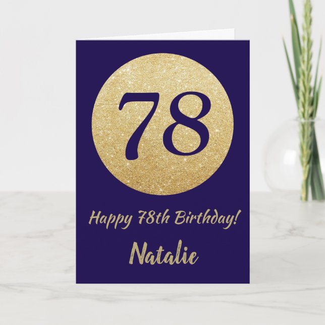 Tarjeta Feliz 78 cumpleaños Purpurina azul y oro de la Mar (Anverso)