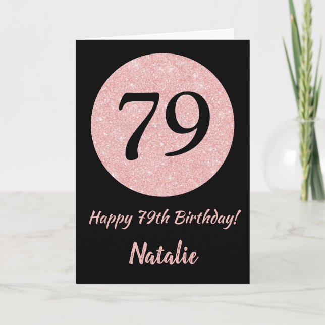 Tarjeta Feliz 79 cumpleaños oro negro y rosado Rosa (Anverso)