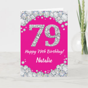 Tarjeta Feliz 79 cumpleaños Purpurina de Plata y Rosa Cali