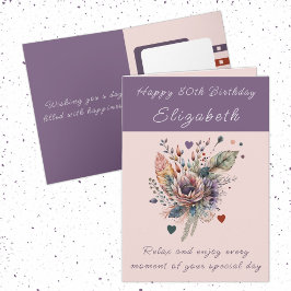 Tarjeta Feliz 80 cumpleaños agregar nombre morado floral
