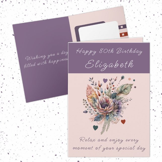 Tarjeta Feliz 80 cumpleaños agregar nombre morado floral (Subido por el creador)