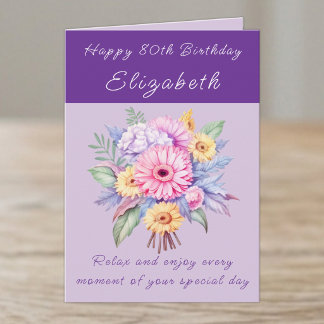 Tarjeta Feliz 80 cumpleaños añadir nombre floral púrpura