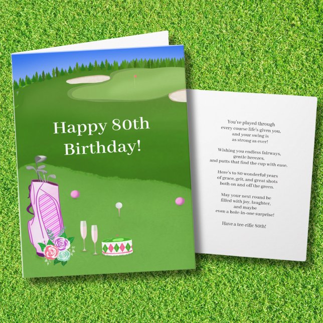 Tarjeta Feliz 80 cumpleaños Bolsa de Golf Rosa en campo de (Subido por el creador)