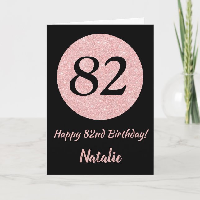 Tarjeta Feliz 82º cumpleaños oro negro y rosado Rosa (Anverso)