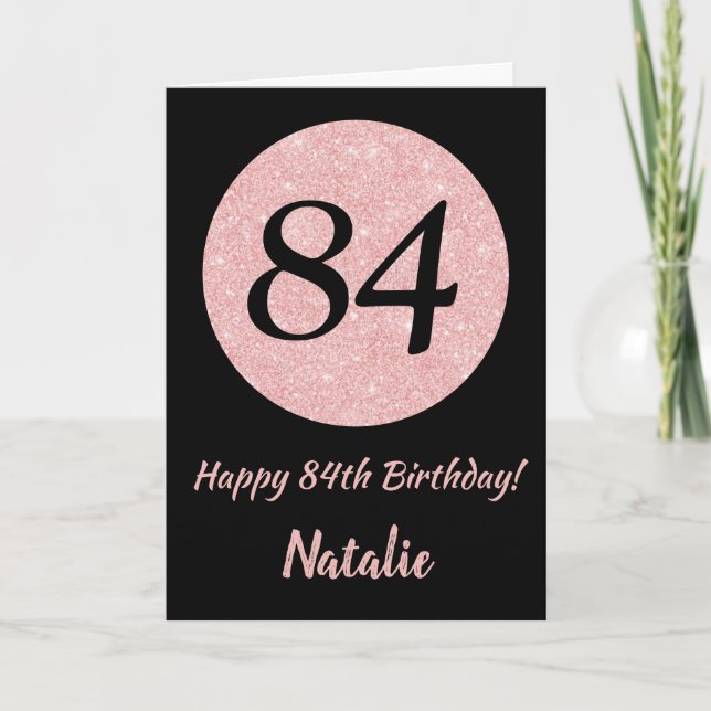 Tarjeta Feliz 84º cumpleaños oro negro y rosado Rosa (Anverso)