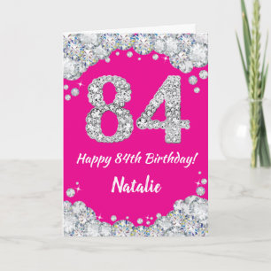 Tarjeta Feliz 84º cumpleaños Purpurina de Plata y Rosa Cal