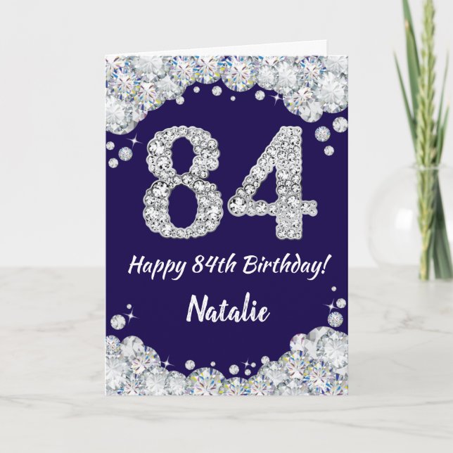 Tarjeta Feliz 84 cumpleaños Purpurina azul y plateado de l (Anverso)