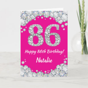 Tarjeta Feliz 86º cumpleaños Purpurina de Plata y Rosa Cal