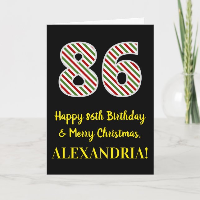 Tarjeta Feliz 86º cumpleaños y Feliz Navidad, nombre perso (Anverso)