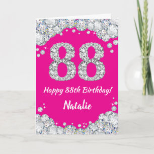 Tarjeta Feliz 88º cumpleaños Purpurina de Plata y Rosa Cal