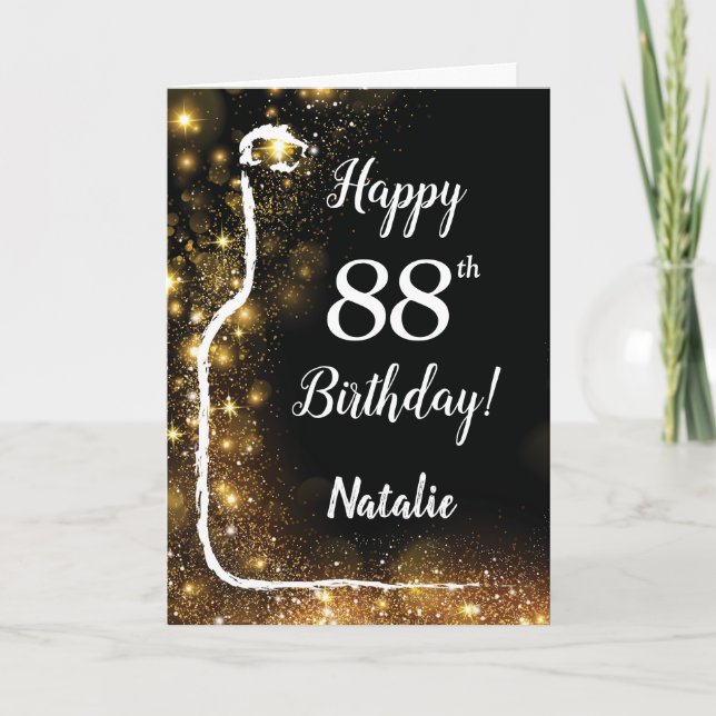 Tarjeta Feliz 88º cumpleaños Purpurina de vino negro y oro (Anverso)