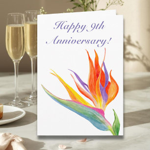 Tarjeta Feliz 9º Aniversario Ave del Paraíso Acuarela