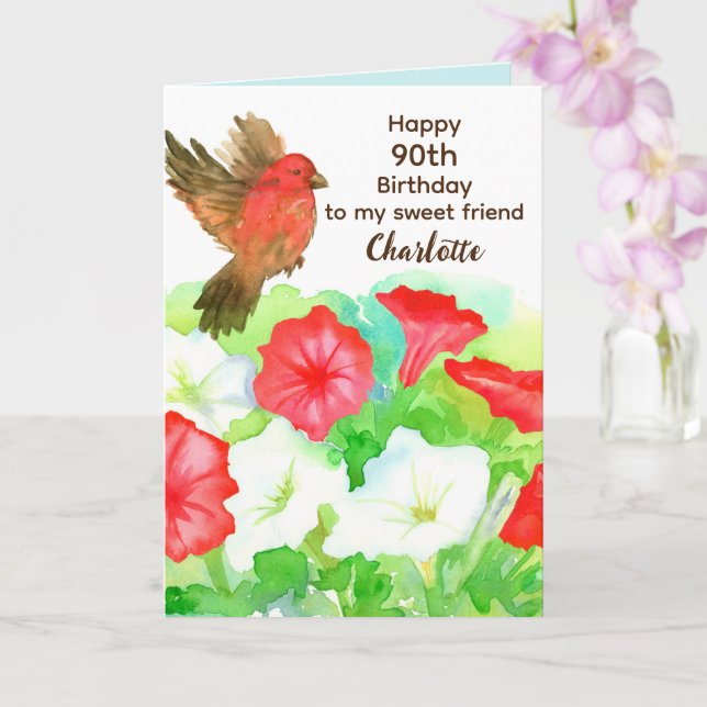 Tarjeta Felíz 90 aniversario Amigo Especial Petunias Finch (Orquídea)