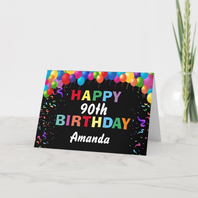 Tarjeta Feliz 90 cumpleaños, globos coloridos, negro (Anverso)
