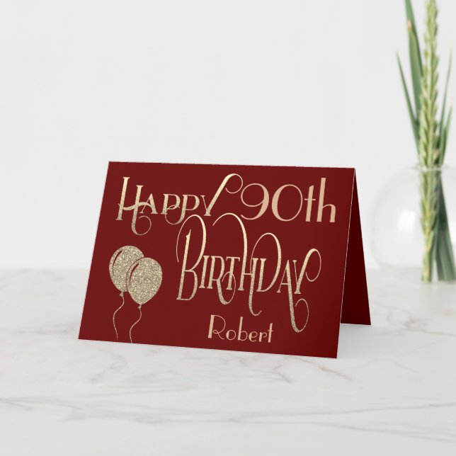 Tarjeta Feliz 90 cumpleaños tipografía de oro borgoña (Anverso)