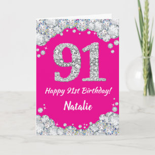 Tarjeta Feliz 91º cumpleaños Purpurina de Plata y Rosa Cal
