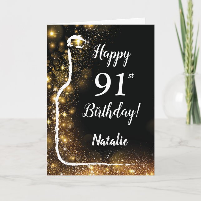 Tarjeta Feliz 91 cumpleaños Purpurina de oro y negro (Anverso)
