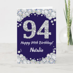Tarjeta Feliz 94 cumpleaños Purpurina azul y plateado de l