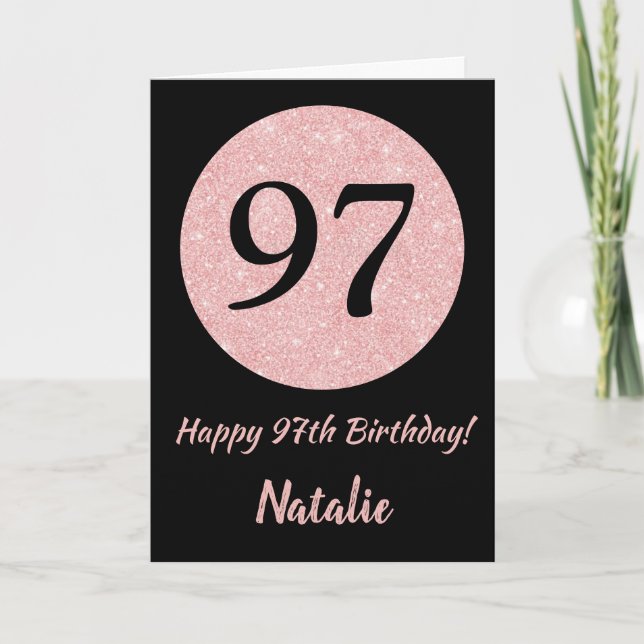 Tarjeta Feliz 97 cumpleaños oro negro y rosado Rosa (Anverso)