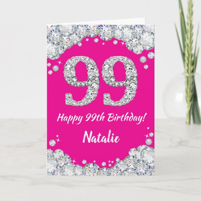 Tarjeta Feliz 99º cumpleaños Purpurina de Plata y Rosa Cal (Anverso)