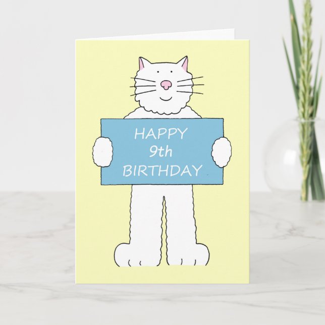 Tarjeta Feliz 9.º cumpleaños lindo Personalizado gato (Anverso)
