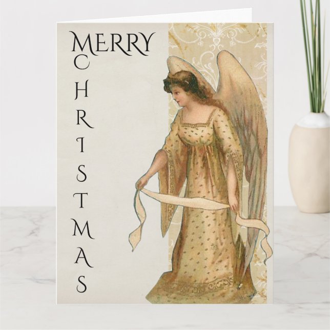 Tarjeta Feliz Ángel de Navidad en Crema y Oro (Anverso)