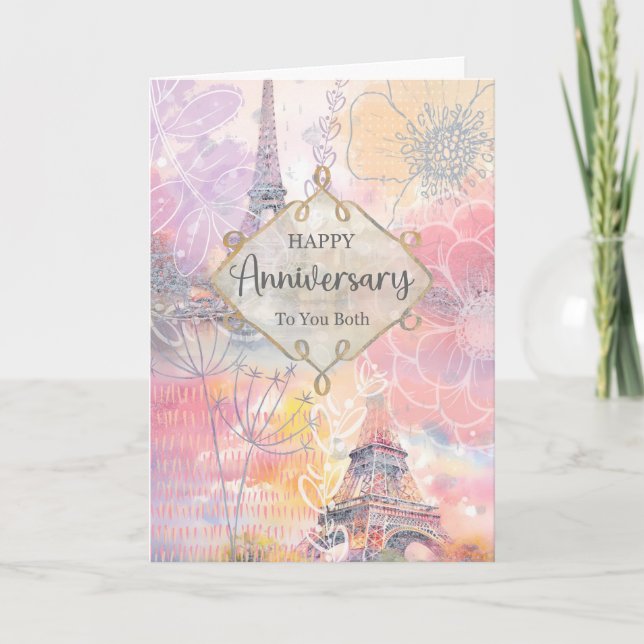 Tarjeta Feliz Aniversario a Ambos Acuarela de la Torre Eif (Anverso)