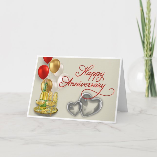 Tarjeta Feliz aniversario Champagne y Balloons (Anverso)