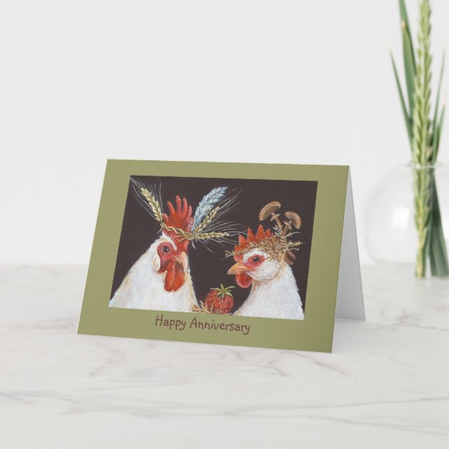 Tarjeta Feliz Aniversario con gallo y gallina (Anverso)