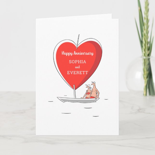 Tarjeta Feliz aniversario de Boda Sailboat Red Heart Card (Anverso)